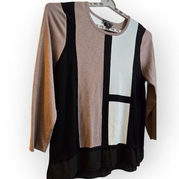 Investments II Women’s 2X Colorblock Long Sleeve Top Black Beige Tan - Picture 4 of 8